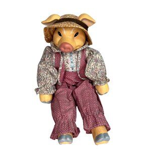 Vintage Anthropomorphic Country Pig Ceramic Doll Floral Outfit & Straw Hat